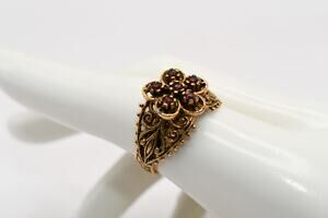 1960s Red Rhinestone Flower Ring Gold Etched Adjustable Sz 7.5